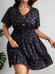 SHEIN LUNE Plus Ditsy Floral Print Ruffle Hem Dress For Summer,Beach Dress Sundress,Holiday Outfits Boho