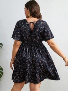 SHEIN LUNE Plus Ditsy Floral Print Ruffle Hem Dress For Summer,Beach Dress Sundress,Holiday Outfits Boho