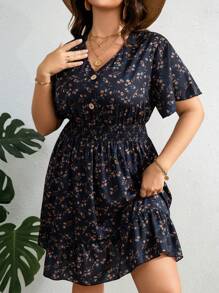 SHEIN LUNE Plus Ditsy Floral Print Ruffle Hem Dress For Summer,Beach Dress Sundress,Holiday Outfits Boho