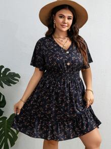 SHEIN LUNE Plus Ditsy Floral Print Ruffle Hem Dress For Summer,Beach Dress Sundress,Holiday Outfits Boho