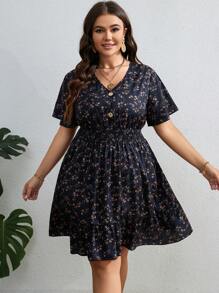 SHEIN LUNE Plus Ditsy Floral Print Ruffle Hem Dress For Summer,Beach Dress Sundress,Holiday Outfits Boho