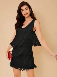 SHEIN Belle 素色流蘇邊多層下擺洋裝 - 黑色 - 查看 2