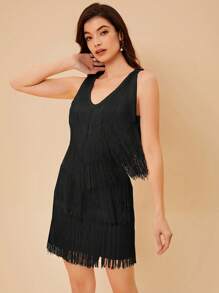 SHEIN Belle 素色流蘇邊多層下擺洋裝 - 黑色 - 查看 4