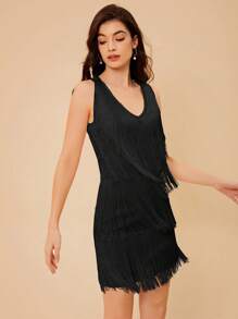 SHEIN Belle 素色流蘇邊多層下擺洋裝 - 黑色 - 查看 6