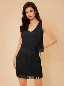 SHEIN Belle 素色流蘇邊多層下擺洋裝 - 黑色 - 查看 7