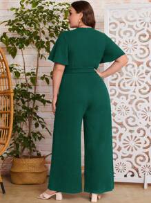 SHEIN Clasi Plus Solid Belted Wide Leg Jumpsuit - Dark Green - View 2