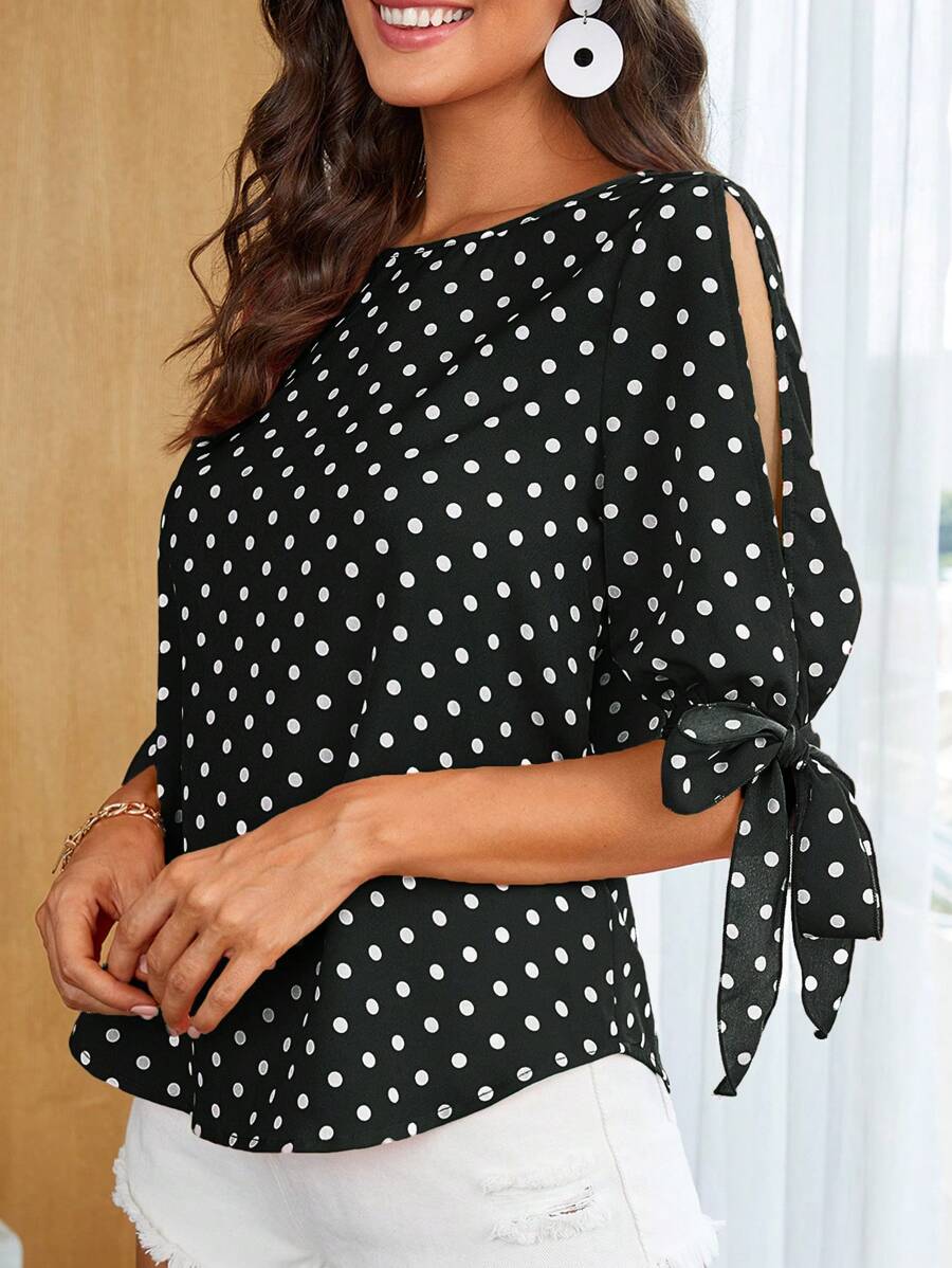 SHEIN Clasi Áo sơ mi nữ Thắt nút Chia Chấm bi Giải trí - Đen và trắng - Xem 1