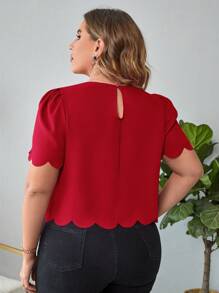 SHEIN Privé Plus Scallop Trim Puff Sleeve Blouse - Red - View 2