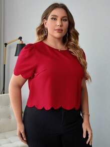 SHEIN Privé Plus Scallop Trim Puff Sleeve Blouse - Red - View 3