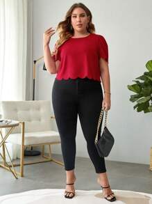 SHEIN Privé Plus Scallop Trim Puff Sleeve Blouse - Red - View 4