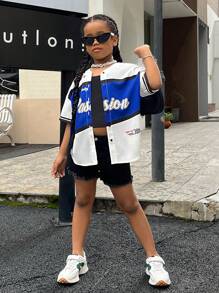 SHEIN 青少年女孩字母图案拼色落肩衬衫（不含吊带背心） - 彩色 - 查看 5