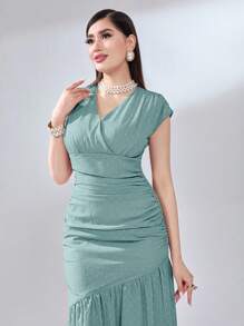 Modelyn Swiss Dot Ruched Ruffle Hem Dress - Mint Green - View 3