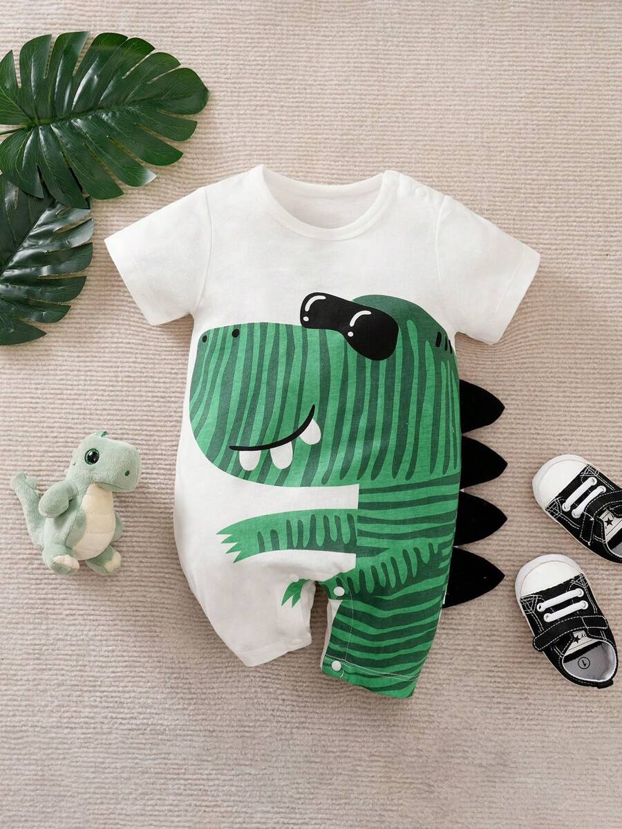 Yierying Áo liền quần Em bé Nút Đắp vá Hoạt hình Khủng long - trắng - Xem 1