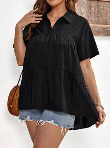 SHEIN LUNE Schattig Eenkleurig Grote maat blouse Hoog Laag Geribd - Zwart - Bekijken 1