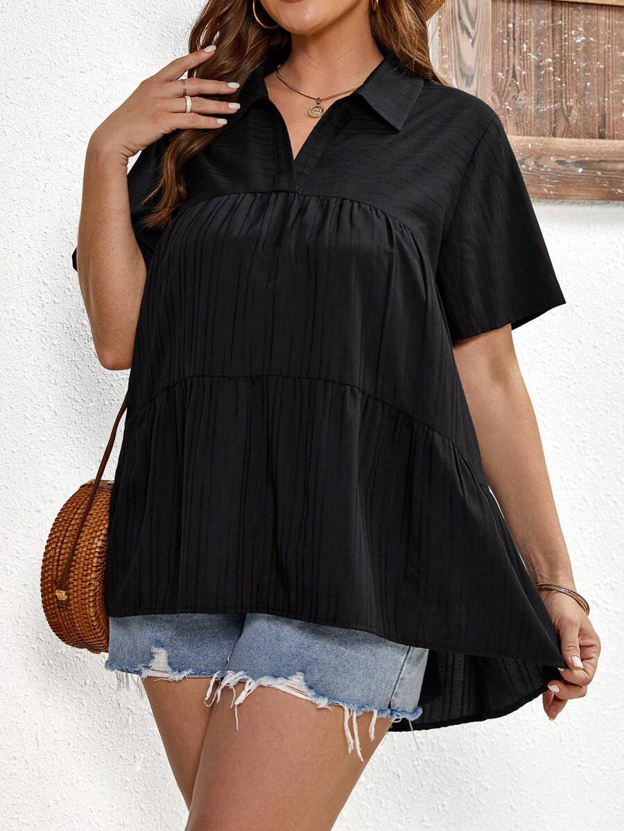 SHEIN LUNE Schattig Eenkleurig Grote maat blouse Hoog Laag Geribd - Zwart - Bekijken 1