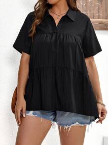 SHEIN LUNE Schattig Eenkleurig Grote maat blouse Hoog Laag Geribd - Zwart - Bekijken 3