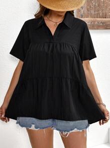 SHEIN LUNE Schattig Eenkleurig Grote maat blouse Hoog Laag Geribd - Zwart - Bekijken 4
