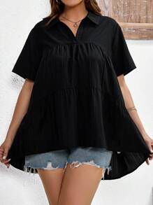 SHEIN LUNE Schattig Eenkleurig Grote maat blouse Hoog Laag Geribd - Zwart - Bekijken 6