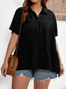 SHEIN LUNE Schattig Eenkleurig Grote maat blouse Hoog Laag Geribd - Zwart - Bekijken 7