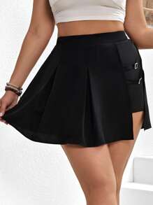 SHEIN Clasi Plus Solid Buckle Detail Pleated Skort - Black - View 1