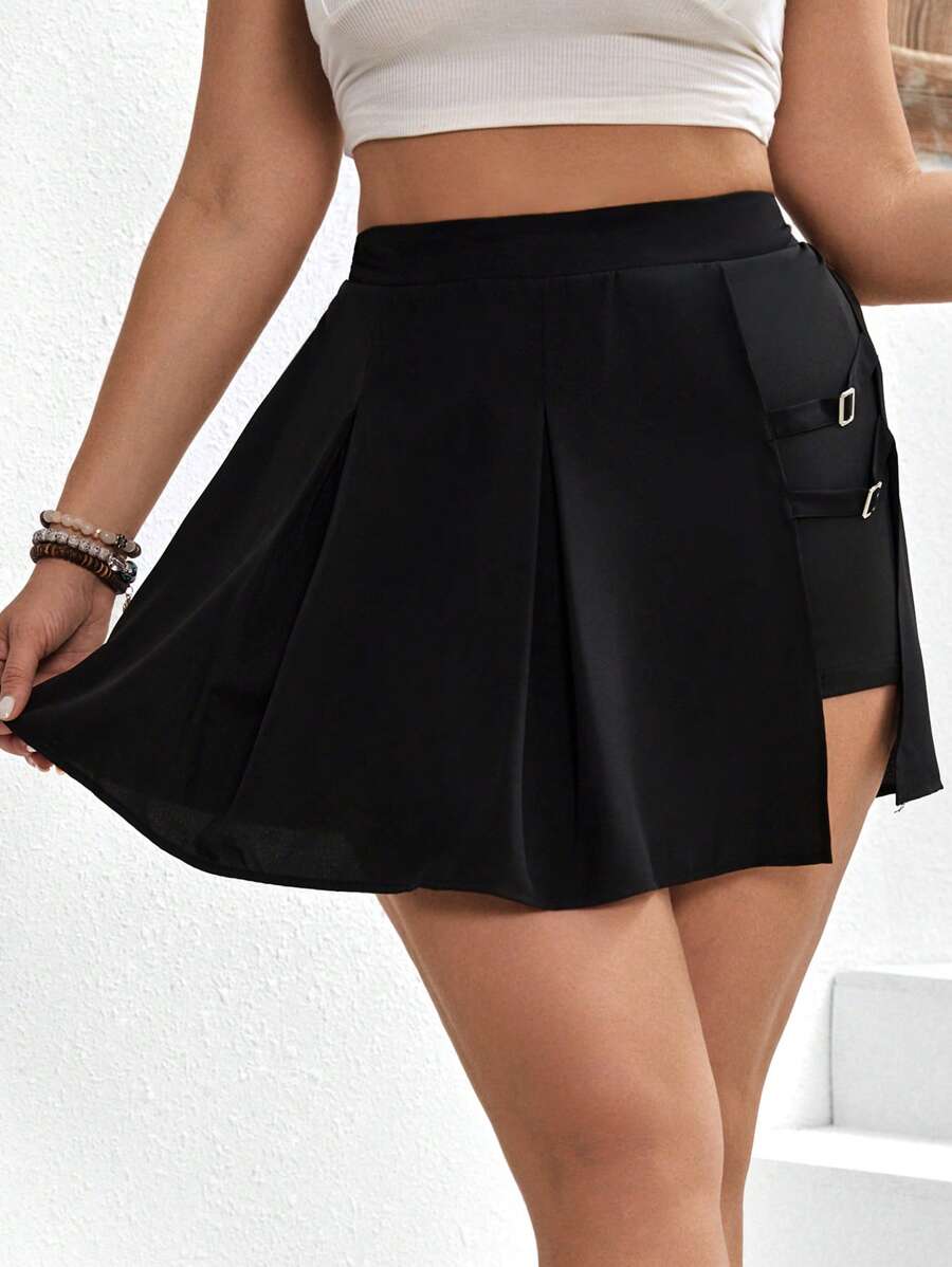 SHEIN Clasi Plus Solid Buckle Detail Pleated Skort - Black - View 1