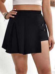 SHEIN Clasi Plus Solid Buckle Detail Pleated Skort - Black - View 3