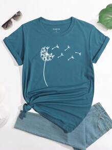 SHEIN LUNE Dandelion Print Tee - Teal Blue - View 1