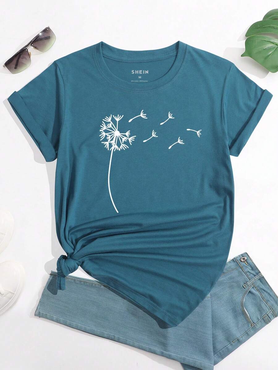 SHEIN LUNE Dandelion Print Tee - Teal Blue - View 1