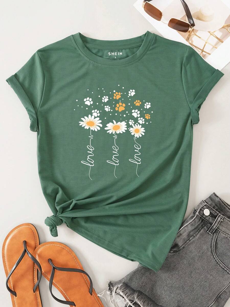 SHEIN LUNE Floral And Letter Graphic Tee - Green - View 1