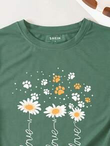 SHEIN LUNE Floral And Letter Graphic Tee - Green - View 3