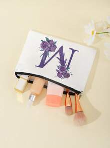 1pc Ultra Soft Purple Floral Makeup Bag With Alphabet Print Storage Makeup Organizer Makeup Case - Multicolor - View 2