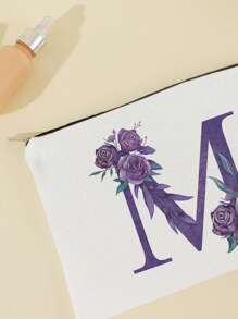 1pc Ultra Soft Purple Floral Makeup Bag With Alphabet Print Storage Makeup Organizer Makeup Case - Multicolor - View 4