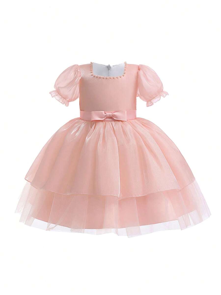 年輕女孩素色薄紗緞面蓬鬆洋裝，珍珠裝飾領口，優雅禮服，適合畢業典禮、學校表演 - 粉色 - 查看 1