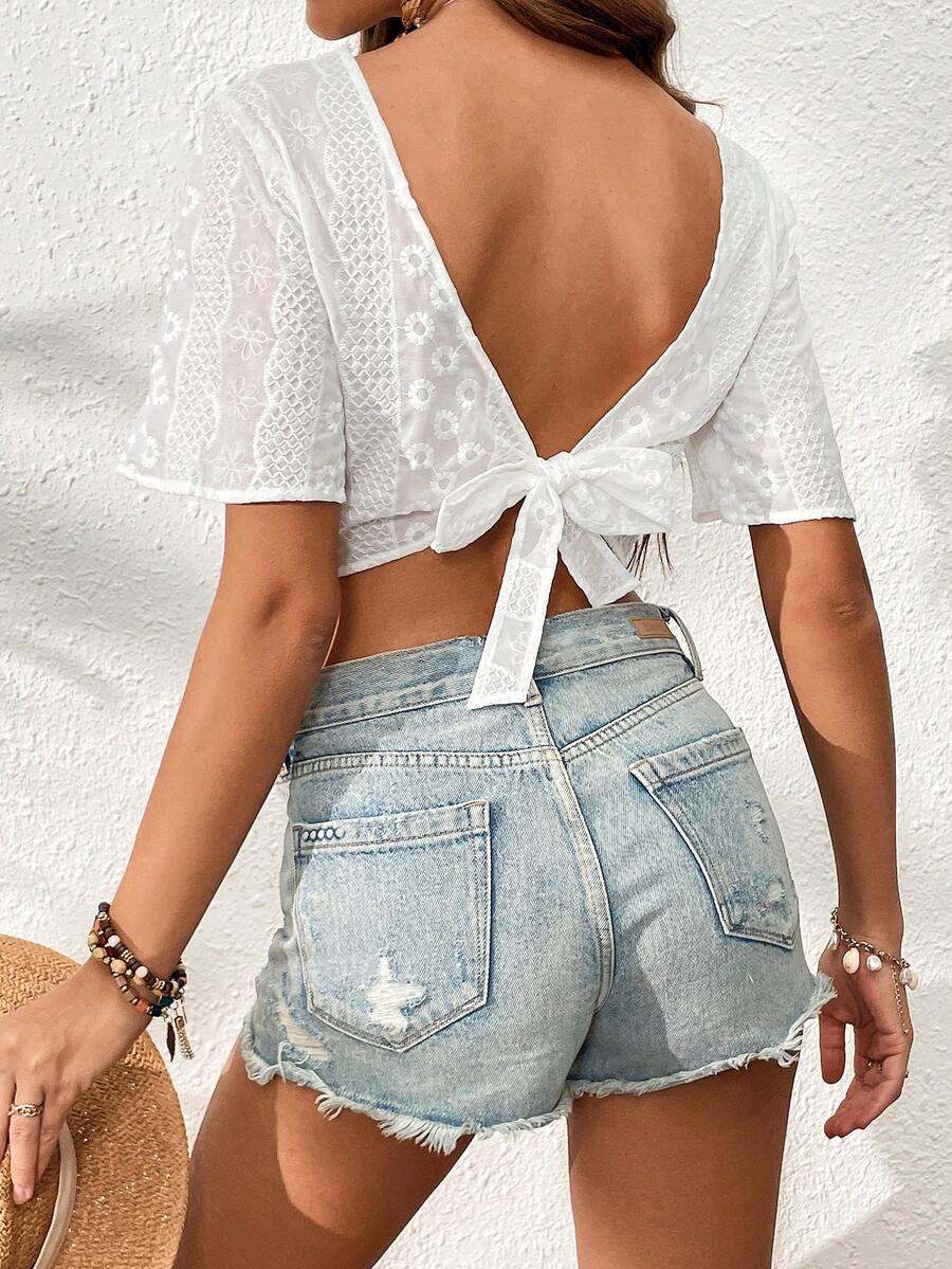 SHEIN VCAY Solid Contrast Lace Trim Blouse - White - View 1