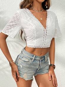 SHEIN VCAY Solid Contrast Lace Trim Blouse - White - View 4