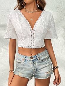 SHEIN VCAY Solid Contrast Lace Trim Blouse - White - View 5