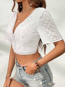 SHEIN VCAY Solid Contrast Lace Trim Blouse - White - View 6