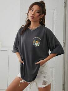 INAWLY 仙人掌和标语图案落肩 T 恤 WAIT FOR THE SUNRISE ARIZONA 图案 T 恤 女式上衣 - 深灰色 - 查看 2