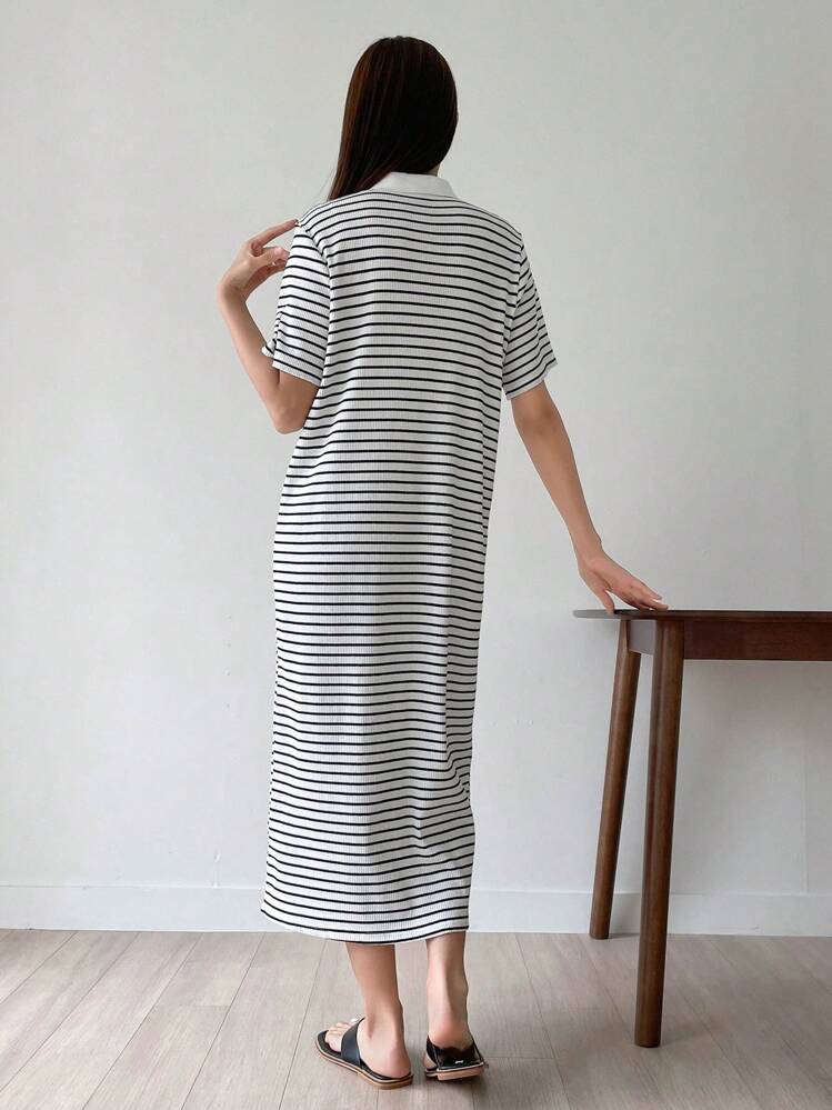 DAZY Striped Print Half Zip Tee Dress Sundress - Black and White - View 6
