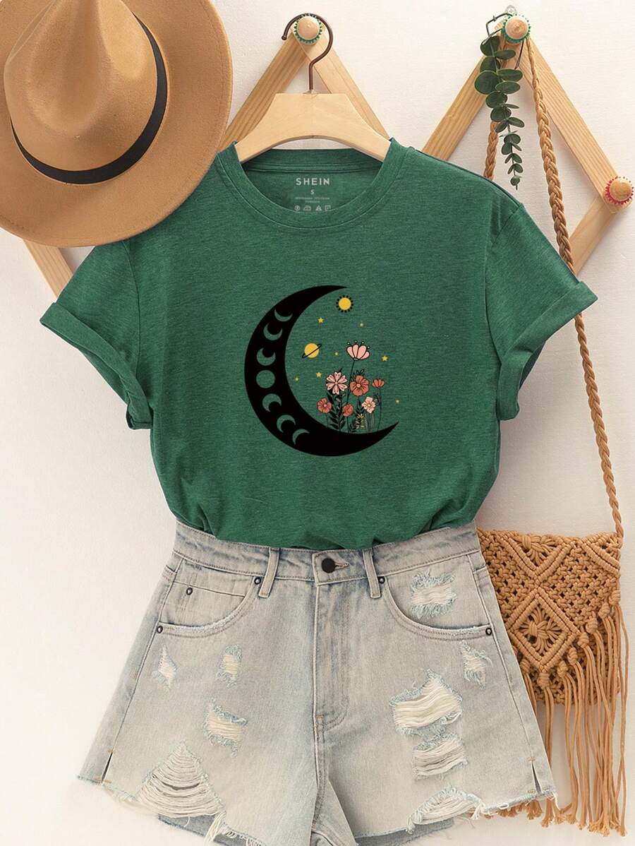 SHEIN LUNE Áo thun nữ Hoa Thiên hà Giải trí - xanh quân đội - Xem 1