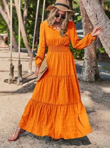 SHEIN LUNE 素色腰部打褶荷葉邊洋裝 - 橘色 - 查看 1