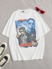 SHEIN EZwear 人物和標語圖案落肩T恤 - 白色 - 查看 1