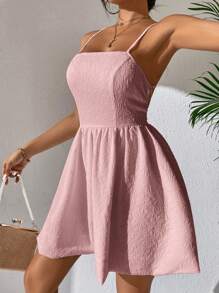 SHEIN PETITE Solid Tie Backless Cami Dress - Pink - View 3