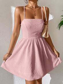 SHEIN PETITE Solid Tie Backless Cami Dress - Pink - View 4