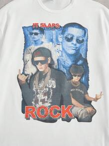 SHEIN EZwear 人物和標語圖案落肩T恤 - 白色 - 查看 3