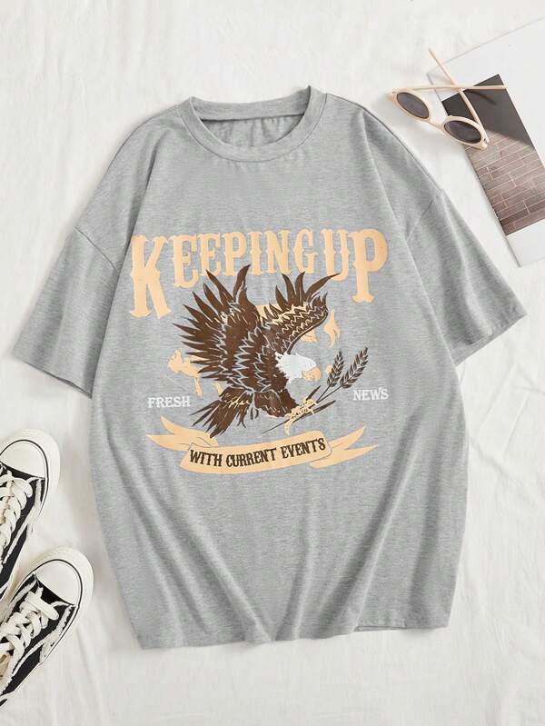 SHEIN EZwear Eagle & Slogan Graphic Drop Shoulder Tee