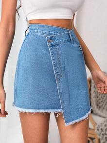 SHEIN Essnce 毛邊緣不對稱下擺牛仔半身裙 - 中等水洗藍 - 查看 3