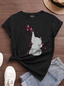 SHEIN LUNE 卡通大象印花T恤 - 黑色 - 查看 1