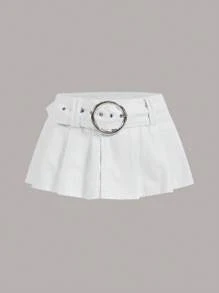 SHEIN ICON Solid Belted Denim Skirt - White - View 1