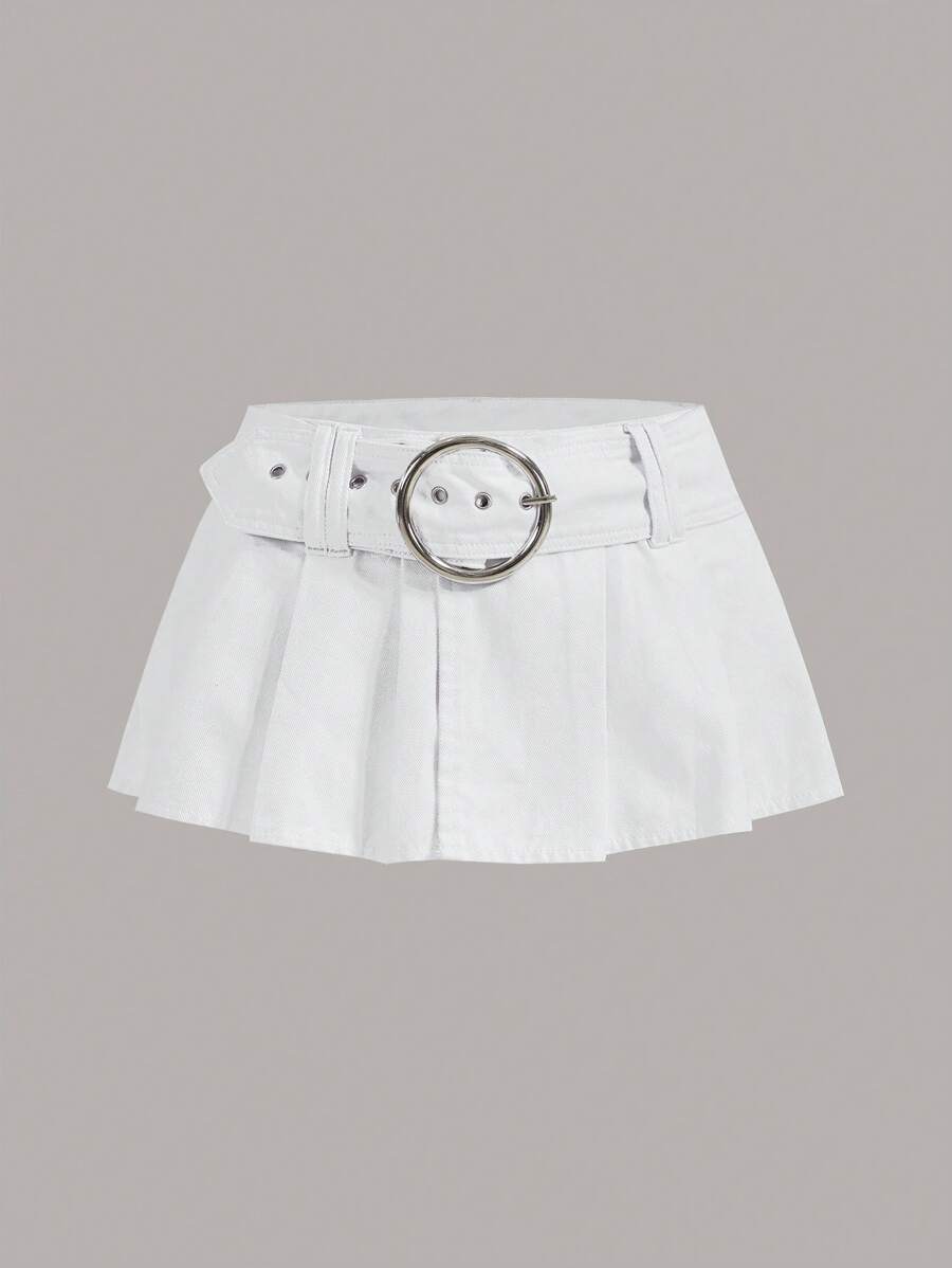 SHEIN ICON Solid Belted Denim Skirt - White - View 1